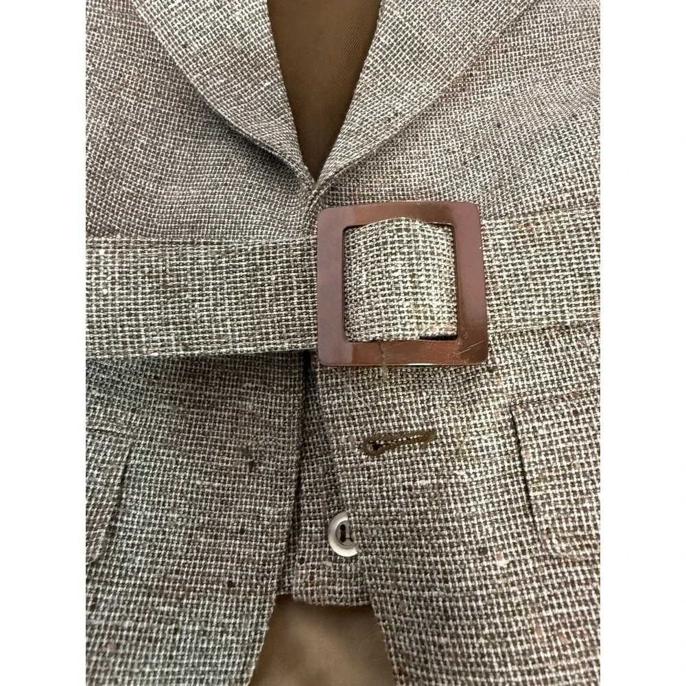 Vintage Mens Brown Herringbone Tweed Belted Jacket and Vest Set 1940s 50s Style